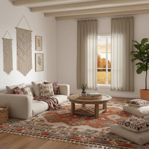 WAZZIO Boho Lace Curtains 63 Inches 2 Panel,Light Filtering Privacy Tassel & Geometry Crochet Semi Sheer Curtain Drapes for Bedroom Living Dining Room,Rod Pocket & Tassel,Earthy Color Taupe - color: Taupe, size: 59"W x 63"L (Pack of 2)