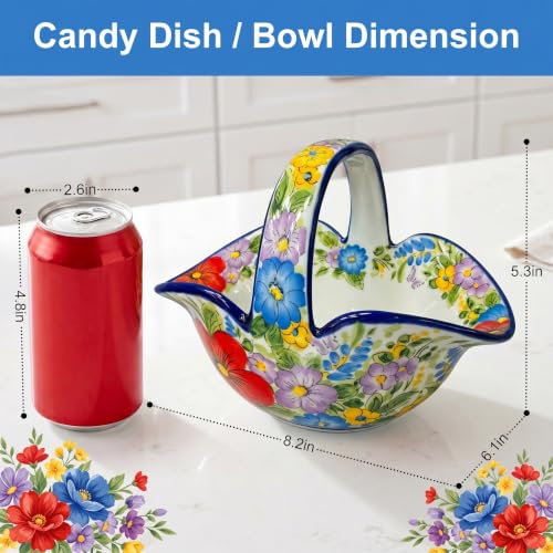 Ceramic Candy Dish, Small Fruit Basket with Handle, Key Holder, Decor Bowl - color: Farmhouse Colorful Floral