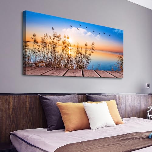 MHARTK66 Large Coastal Beach Sunset Canvas Wall Art for Living Room, 60x30 - color: Blue Sunrise Scenery (Wrapped Canvas), size: 60"L x 30"W