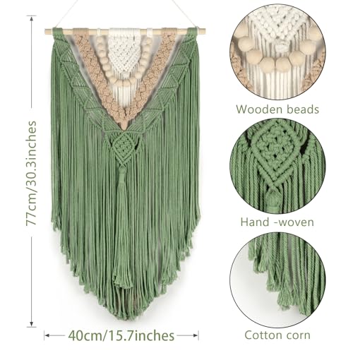 EOBTAIN Green Macrame Wall Hanging Boho Home Decor,Handmade Craft Handwoven Tapestry for Gallery Nursery Living Room,Natural Cotton Cord and Wood Beads Tassel Bohemian Art Decoration,30 Inch - color: Green Brown