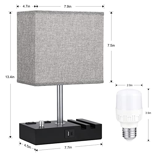 Bedside Table Lamp for Bedroom Nightstand - Stepless Dimmable, 2 AC Outlets - color: Wood Grain, size: 1 Pack