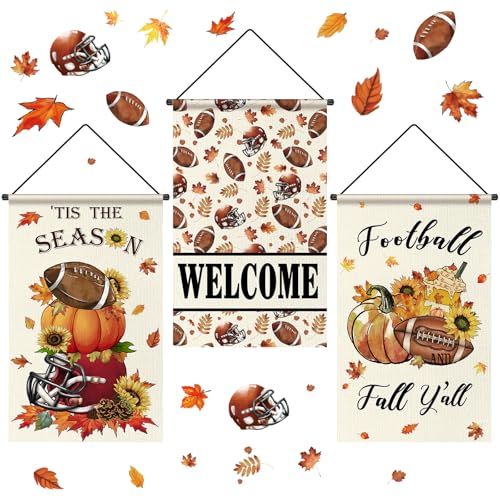 Tegeme 3 Pcs Fall Football Door Sign Flag Decoration Autumn Hanging Banner - style: Football