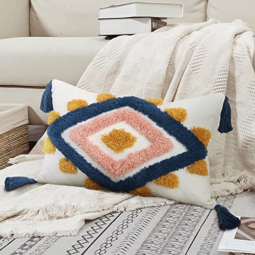 Merrycolor Boho Throw Pillow Covers Lumbar Decorative Throw Pillow Cover Tufted Woven Pillow Case Cushion Covers for Bed (1pc,12x20 Inches) - color: Blue and Pink, size: 20" x 12" (Pack of 1)
