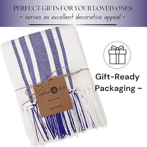Native Fab Blue Stripe Table Runner - 90 Inches Long Boho Table Covers with Tassels - 100% Cotton, Tight Weave, Nonslip Tablerunner for Dining, Kitchen, Dresser, Wedding, 14"x90" - Blue and White - color: Blue White, size: 14x90