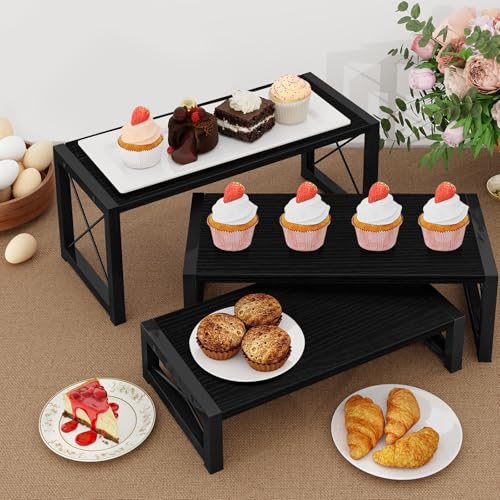 ELITEROO Black 3-Tier Wooden Cupcake and Dessert Display Stand, Multi-Tier Riser for Cupcakes, Food, Perfume, Makeup, Dolls, Collectibles, and Market Vendor Retail Shelf Organizer - color: 3 Tier, Black