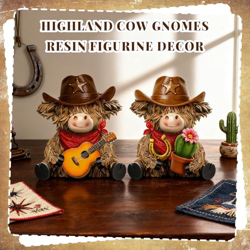 2 Pcs Resin Highland Cow Figurines Decor, Western Cowboy Style - style: Cowboy
