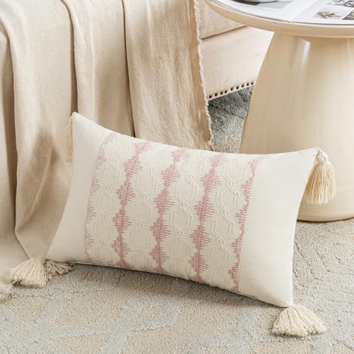 Fancy Homi Set of 2 Boho Pink Lumbar Decorative Throw Pillow Cover 12x20 Inch for Couch Bed Sofa Chair, Modern Organic Farmhouse Home Decor, Soft Cotton Cute Accent Rectangle Cushion Case with Tassels - color: Pink, size: 20" x 12" (Pack of 2)