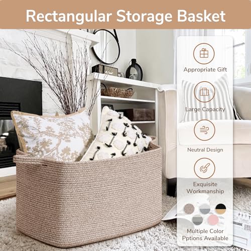 Goodpick 85L Large Woven Rope Blanket Basket, Rectangle, Brown - color: Brown, size: X-Large(23.6"L x 15.7"W x 13.8"H)