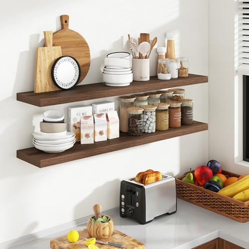Acovy 48 Inch Floating Shelves, 8 Inch Deep Floating Shelves for Wall, Hanging Shelf with Invisible Brackets, Deep Shelves for Bathroom, Bedroom, Living Room, Walnut, Set of 2 - color: Walnut, size: 8"Wx48"L-2pcs
