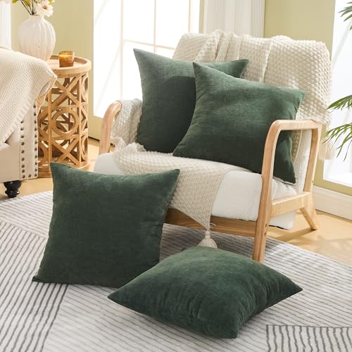 GAWAMAY Dark Green Chenille Throw Pillow Covers 18x18 Set of 4 for Couch - color: Dark Green, size: 18" x 18" (Pack of 4)