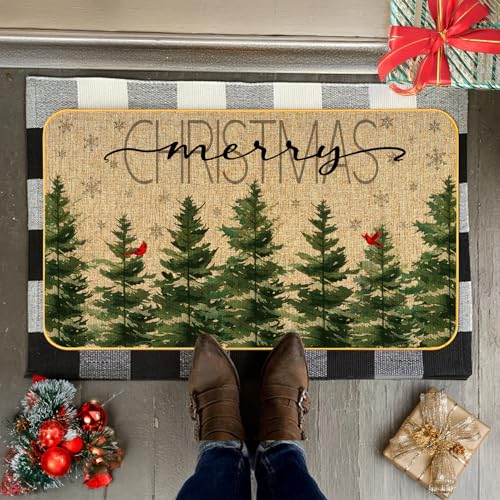 Christmas Tree Doormat, Snowflakes Door Mat, Merry Christmas Welcome Mat, Pine Trees Door Mats, Xmas Pine Decor Low-Profile Floor Mat for Home Entryway Patio Yard Decor, 17x29 Inch, Green - color: Green Christmas Tree