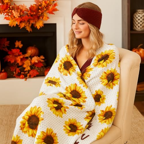 Serafina Home Summer Sunflower Throw Blanket: Beautiful Fleece Flowers with Yellow Brown White Accents, 50" x 60", for Couch, Bed, Travel - color: Sunflower
