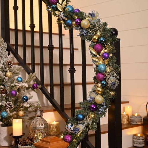 Valery Madelyn 6ft Pre-Lit Christmas Garland with Peacock Feather & Balls - color: Peacock, size: 6 feet