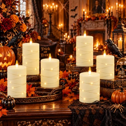 Flickering flameless Candles with String Lights, Battery-Powered, LED Pillar Candles, Candle Set with Remote Control and Timer, 3-piece Candle Set in Ivory White - color: Off-White