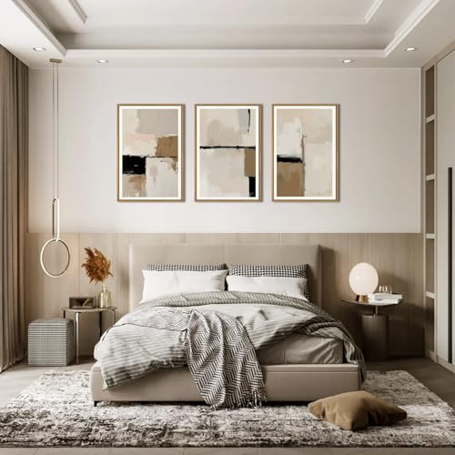 HPINUB Large Modern Abstract Framed Canvas Wall Art Set,Geometric Line Black White and Beige Textured Wall decor Neutral Gray Minimalist Art Print for Living Room,Bedroom,Dining Room,Office -16"x24"x3 - color: Beige Geometric Wall Art, size: 16"L x 24"W