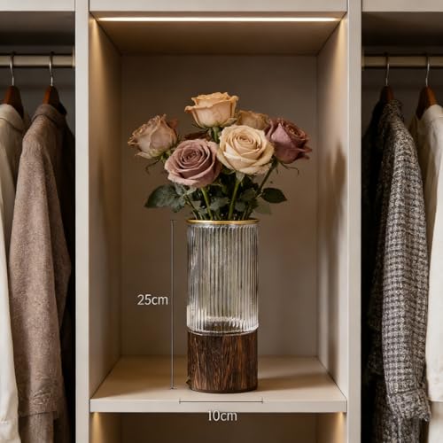 Artistic Wood Glass Vase,Wooden Base,Tall Vases Bottles for Flowers, Cylinder Vases for Wedding Centerpieces Table Shelf Decor - style: French