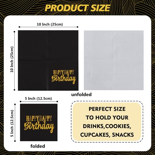 Vuzvuv 52 Pack Funny Happy Happy Birthday Cocktail Napkins with Gold Stamping - Birthday Party Dinner Hand Napkin for Party Supplies Decorations Table Decor for women man(5" Folded 3 Ply-Black) - color: Happy HBD Black
