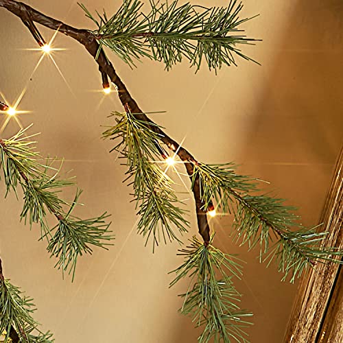 LITBLOOM Lighted Christmas Pine Garland Battery Operated with Timer 6FT 48 Warm White LED Lights for Fireplace Mantle Christmas Holiday Decoration Indoor Outdoor - style: Pine