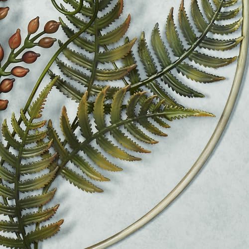 Fern Leaf Nature Metal Wall Sculpture | Handpainted Green, Brown, Ivory, and Gold Earth Tones | Dimensional Textured Botanical Fern Frond Round Wall Art | Textured Metallic Butterfly Circle Wall Decor