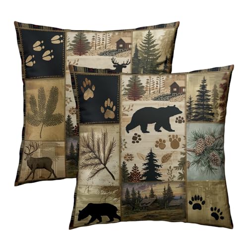 Giwawa Black Bear Deer Throw Pillow Covers 16x16 Set of 2 Forest Cabin Pillow Cases Cotton Cushion Case for Sofa Couch Car Living Room Decoration - color: Black Bear Deer, size: 16" x 16" (Pack of 2)