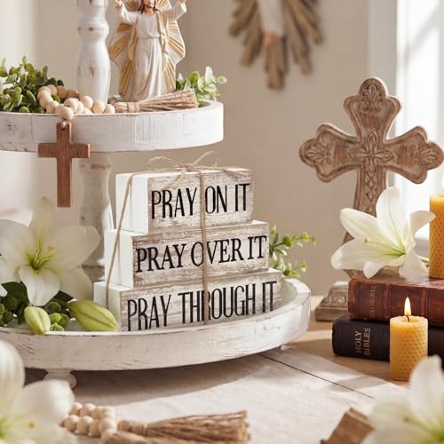 Yuntau 4 Pcs Christian Wooden Block Sign Pray Verse Tiered Tray Decor - style: Pray