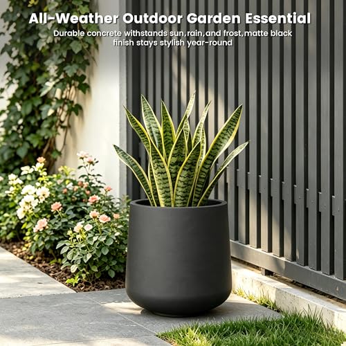 Kante Accent Round Curved Black Concrete Planter 13" Dia, Outdoor - color: Burnished Black, size: 13" D