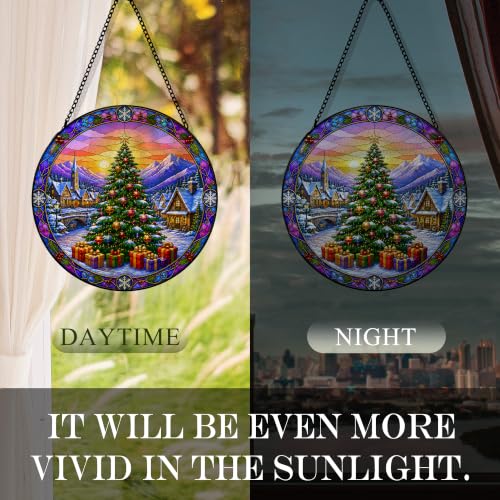 Christmas Tree Winter Suncatcher Stained Glass Window Hanging, Winter Snowy Village Xmas Tree Sun Catchers Indoor Garden Glass Round Wall Decor, Christmas Wall Art Hanging Decorations 7.8x7.8 - color: Christmas_10