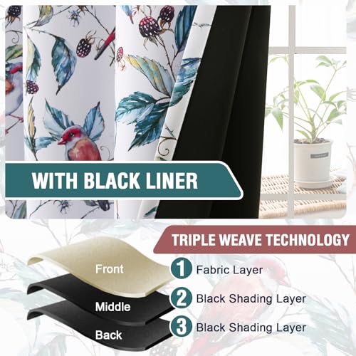 H.VERSAILTEX 100% Blackout Curtains 84 inch Length 2 Panels Set Printed Drapes Thermal Insulated Curtains for Bedroom with Black Liner Sound Proof Curtains, Wild Berry and Bird - color: Wild Berry and Bird, size: 52"W x 84"L (Pack of 2)