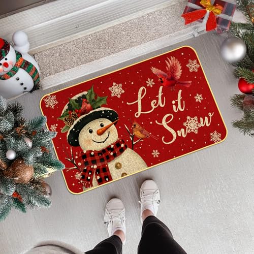 Snowman Doormat, Let it Snow Christmas Door Mat, Snowflake Welcome Mat, Cardinal Birds Door Mats, Xmas Decor Low-Profile Floor Mat for Home Entryway Patio Yard Decor, 17x29 Inch, Red - color: Red Snowman