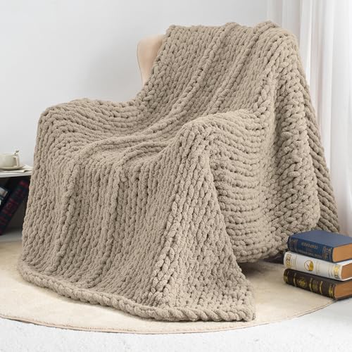 Chunky Knit Throw Blanket 60x80, 100% Handmade Chenille Yarn - color: Taupe, size: 60×80 inch