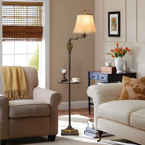 Traditional Floor Lamp with Tray, Remote Dimmable, 350°Swing Arm,Black Gold - color: Black Gold-12