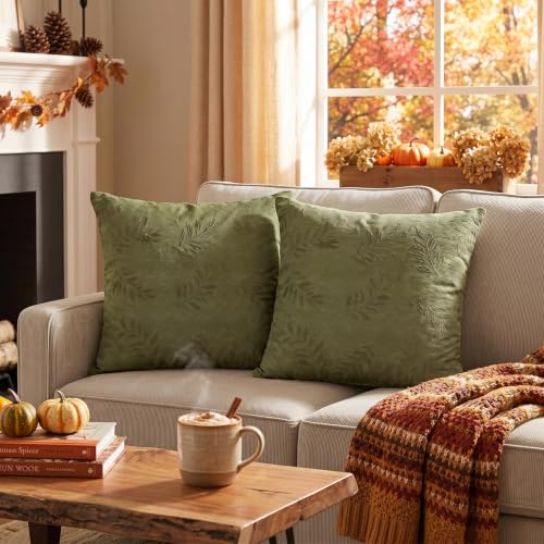 AVOIN colorlife Moss Green Jacquard Decorative Throw Pillow Covers Set of 2, 18 x 18 Inch Laurel Leaves Woven Textured Cushion Case Home Decor for Couch Sofa Bed - color: Moss Green