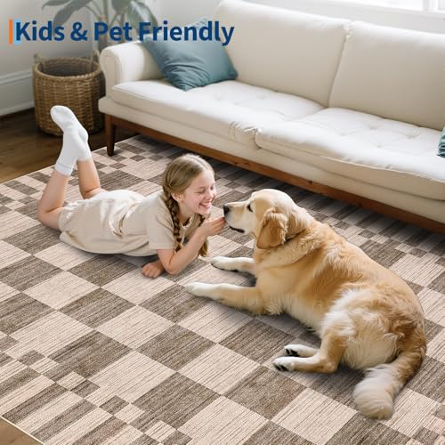 GarveeHome 8x10 Area Rugs Geometric Washable Modern Brown Checkered Rug - color: Brown, size: 8' x 10' (Rectangular)