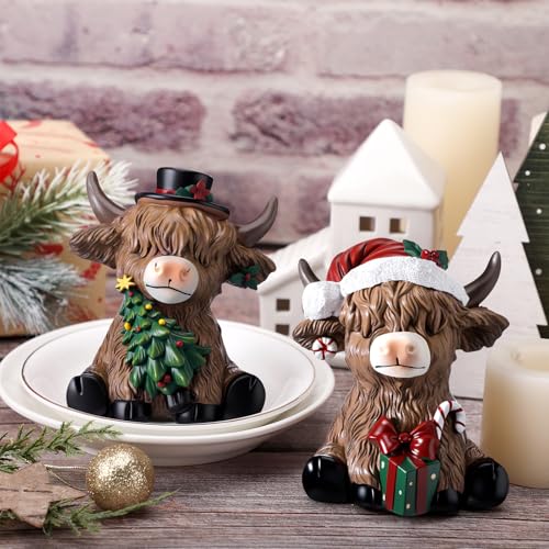 Karenhi 2 Pcs Highland Cow Figurines Resin Christmas Decor for Home Office - style: Christmas