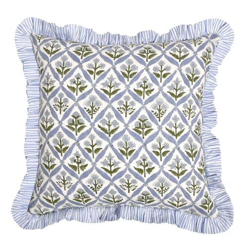 Ridhi Light Steel Blue Block Print Ruffle Pillow Covers 20x20 Inch Set of 2 - color: Light Steel Blue, size: 20" x 20" (Pack of 2)