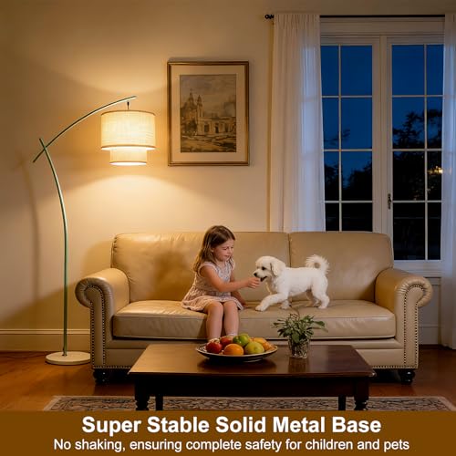 Lightdot Arc Floor Lamp, Modern Standing Lamps with Double Linen Lampshade - color: Fabric-Green
