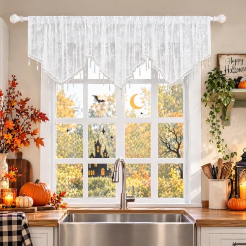 Molaxhome Swag Curtain Scalloped Curtain Valance Drape Sheer Lace Panel 1pc - color: Lace White