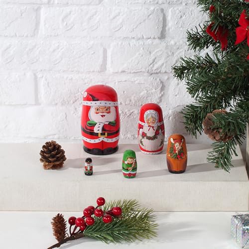 Mr. Christmas Set of 5 Nesting Wooden Christmas Figurines with Santa, Mrs. Claus, Reindeer, Elf, and Nutcracker, Hand Painted Holiday Decoration