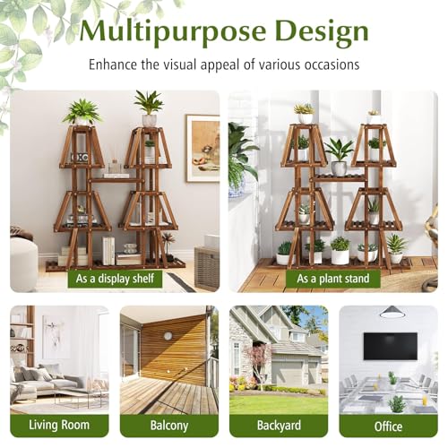 GIANTEX Plant Stand Indoor, 5-Tier Wooden Trapezoid Plant Holder Rack for Multiple Plants, Carbonized Pine Wood, Indoor Outdoor Flowerpot Holder Display Shelf for Living Room Balcony Patio Porch