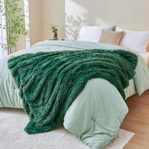 GONAAP Fuzzy Faux Fur Twin Blanket for Couch, Dark Green, 60"x80" - color: Dark Green, size: Twin(60"x80")
