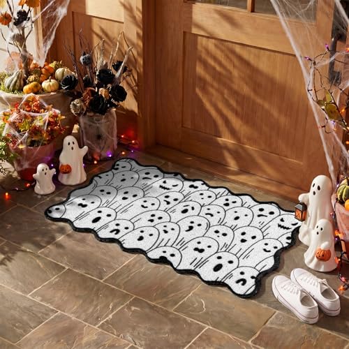 Dunzy Halloween Doormat Ghost Black and White Scalloped Welcome Mat - style: White Ghost