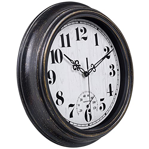 zyzamay 12 Inch Indoor Outdoor Clocks,Waterproof Wall Clock with Thermometer,Easy to Read,Non-Ticking Battery Operated Quality Quartz Clock, Decorative for Patio,Porch,Pool,Bathroom(BlackGold) - color: Blackgold