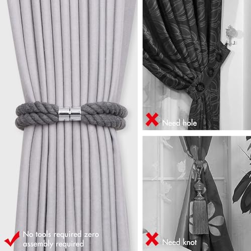 NICEEC Natural Cotton Rope Magnetic Curtain Tiebacks, 4 Pack, Dark Grey - color: Dark Grey, size: 4 Pack