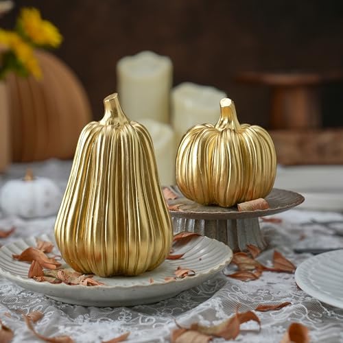 FESTGLOX Gold Fall Pumpkin Decor, Resin Pumpkin Figurines for Decorating - color: Gold With Stripes-2pcs