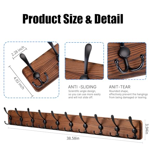 Gohiuo Rustic 38.6" Large Coat Rack Wall Mount, Long Wood Coat Hooks with 10 Triple Hooks, Heavy Duty Wooden Coat Hanger Wall Mount for Entryway, Farmhouse Hanging Jackets, Coats, Hats, Bags,Towel - size: 10 hooks-1 items