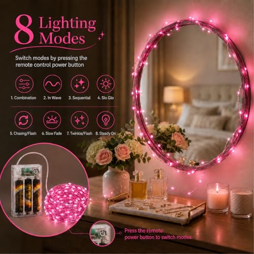 16FT 50LED Fairy Lights Battery Operated (Included), 2 Packs - color: Pink, size: 2 Pack - Batteries Included