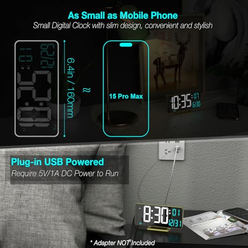 KOSUMOSU Dual Alarm Clock 6.7in Gold Desk Clock with Dimming, 12/24h, Seconds, Date, Day of Week, Temp, Digital LED Clock for Bedroom, Digital Calendar Clocks for Living Room Gold Desk Accessories - color: Gold Clock(white+blue Led)