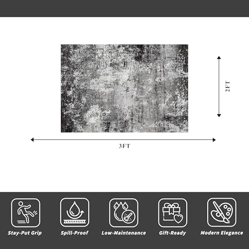 2x3 Washable Entryway Rug – Non-Slip Modern Abstract Neutral Small Throw Area Rug for Kitchen, Bedroom – Soft Low Pile Thin Indoor Door Mat(Black Grey,2x3) - color: Black Grey, size: 2' x 3' (Rectangular)