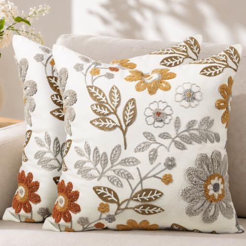 Fall Embroidered Throw Pillow Covers 18x18, Set of 2, Amber Blooms - color: Amber Blooms, size: 18" x 18" (Pack of 2)