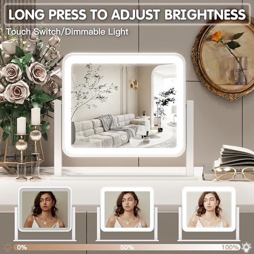 FENNIO Vanity Mirror with Lights 16"×13" Makeup Mirror with Lights,Lighted Vanity Mirror Tabletop,Smart Touch with 3-Color Lighting,Dimmable,for Vanity Desk Tabletop - color: White, size: 16"L x 13"W